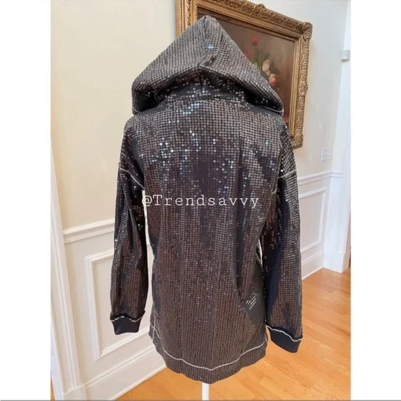 ANTHROPOLOGIE Sequined Hoodie Side Slit Sweater Tunic Pullover Top Black XS NWT - Picture 7 of 13